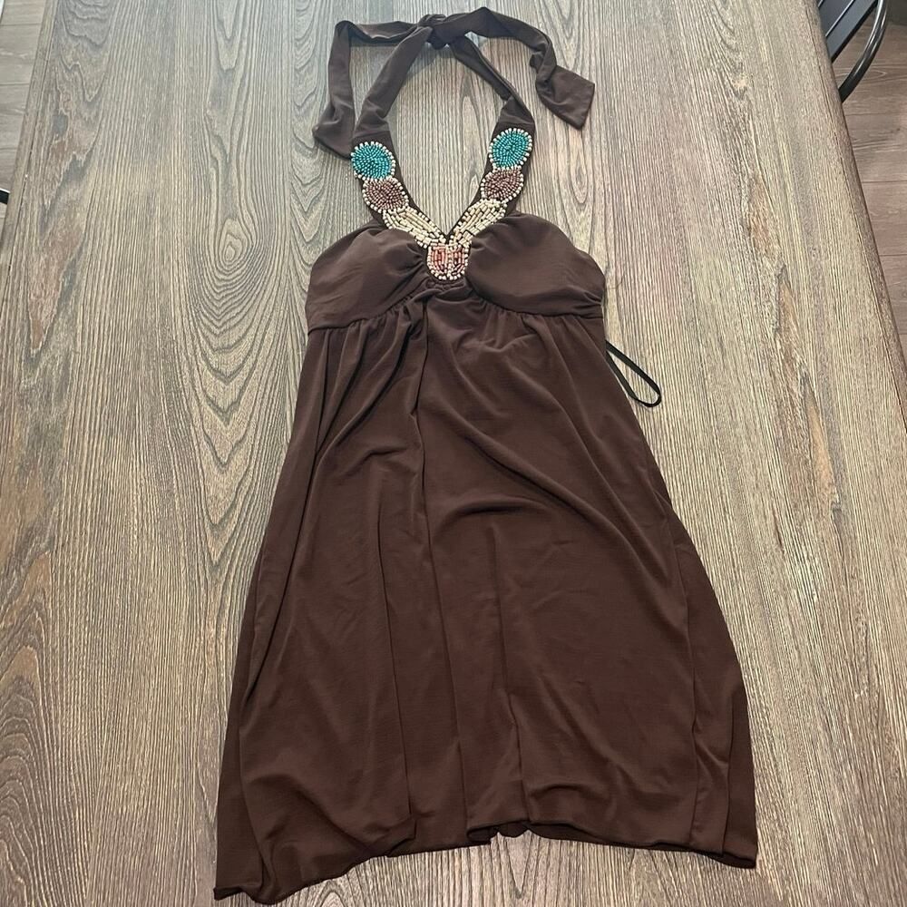 Iz Byer California Sleeveless Beaded Halter Dress Tie Back Stretch Brown Size M